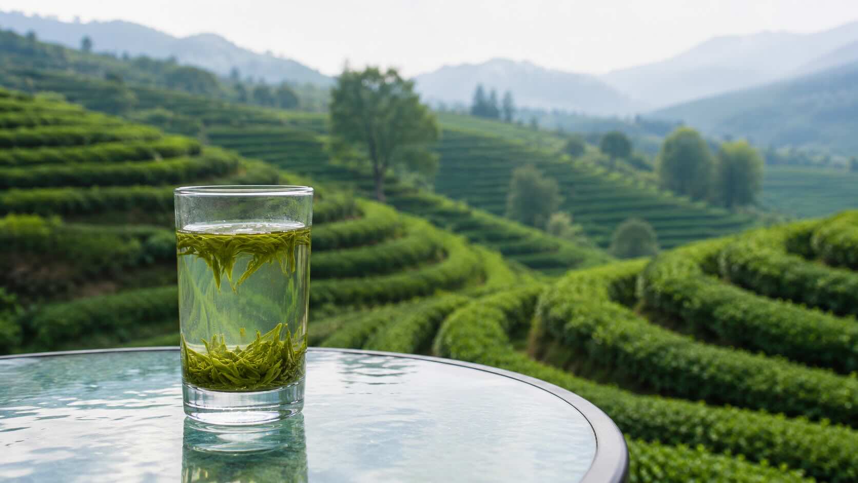 A cup of green tea on the table
