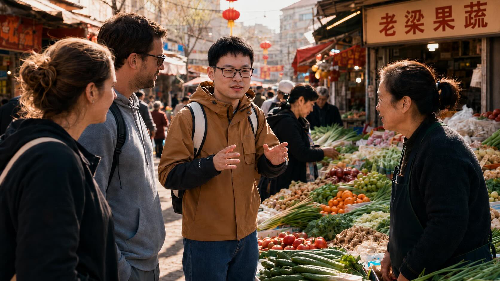 Leo translating between visitors and a market vendor